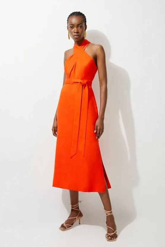 Karen Millen Tall Viscose Linen Woven Cross Neckline Midi Dress red New