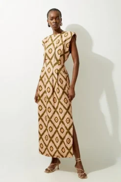 Karen Millen Tall Viscose Linen Woven Strong Shoulder Midi Dress geo Best