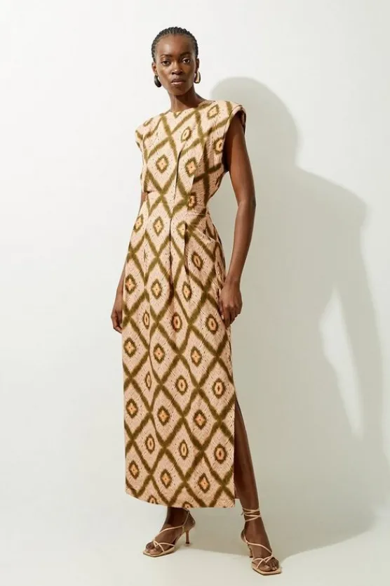 Karen Millen Tall Viscose Linen Woven Strong Shoulder Midi Dress geo Best