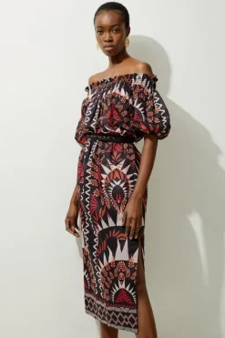 Karen Millen Tall Voile Mirrored Batik Belted Off The Shoulder Midaxi Dress black Best