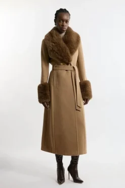 Karen Millen Tall Wool Blend Detachable Faux Fur Belted Midi Coat camel Fashion
