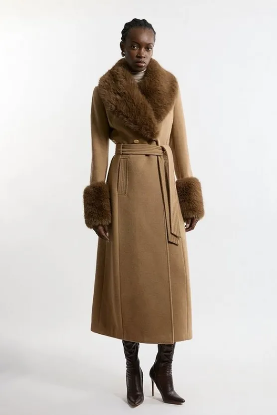 Karen Millen Tall Wool Blend Detachable Faux Fur Belted Midi Coat camel Fashion