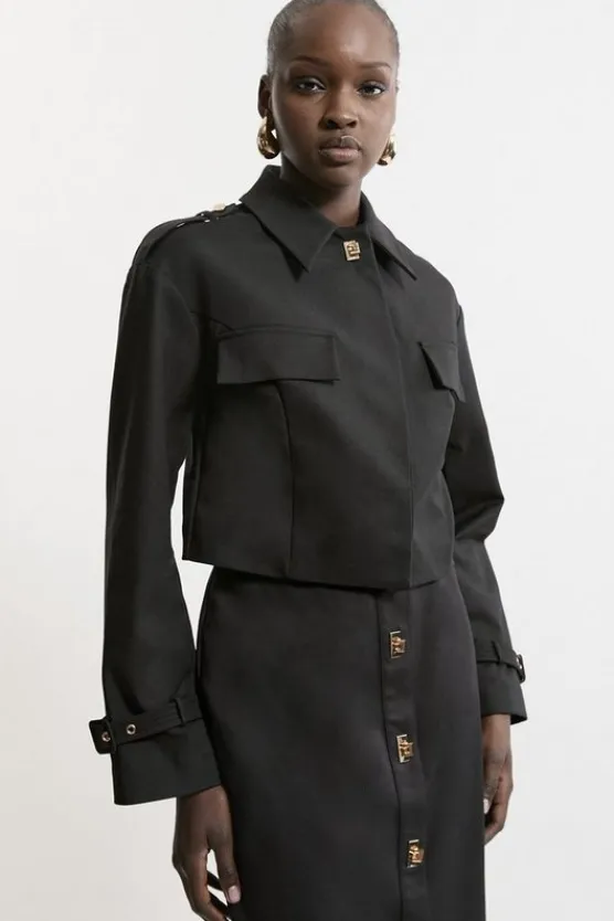 Karen Millen Techno Cotton Gold Clasp Detail Cropped Woven Jacket black Clearance