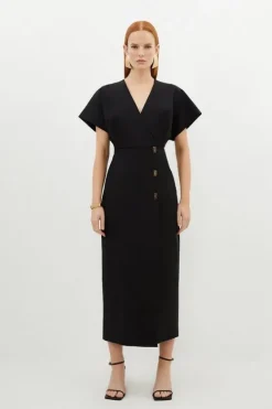 Karen Millen Techno Cotton Woven Midi Dress With Gold Clasp black Fashion