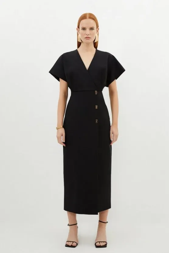 Karen Millen Techno Cotton Woven Midi Dress With Gold Clasp black Fashion