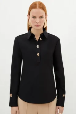Karen Millen Techno Cotton Woven Shirt With Gold Clasp black Hot