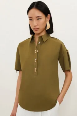 Karen Millen Techno Cotton Woven Short Sleeve Hardwear Detail Shirt khaki Clearance