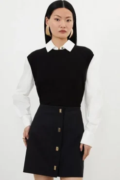 Karen Millen Techno Cotton Woven Skirt With Gold Clasp black Clearance