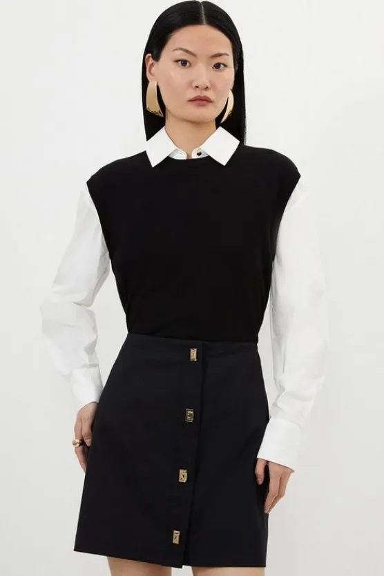 Karen Millen Techno Cotton Woven Skirt With Gold Clasp black Clearance