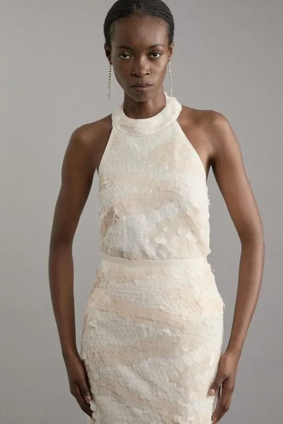 Karen Millen Textured Sequin Woven Halterneck Top blush Fashion