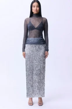 Karen Millen Textured Sequin Woven Maxi Skirt silver Clearance