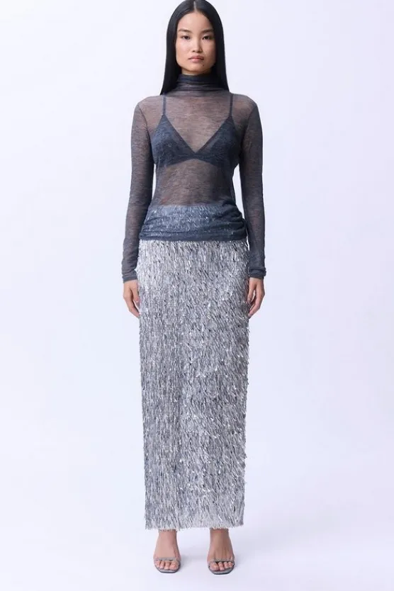 Karen Millen Textured Sequin Woven Maxi Skirt silver Clearance