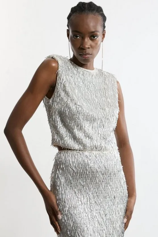 Karen Millen Textured Strong Shoulder Sequin Woven Top silver Clearance