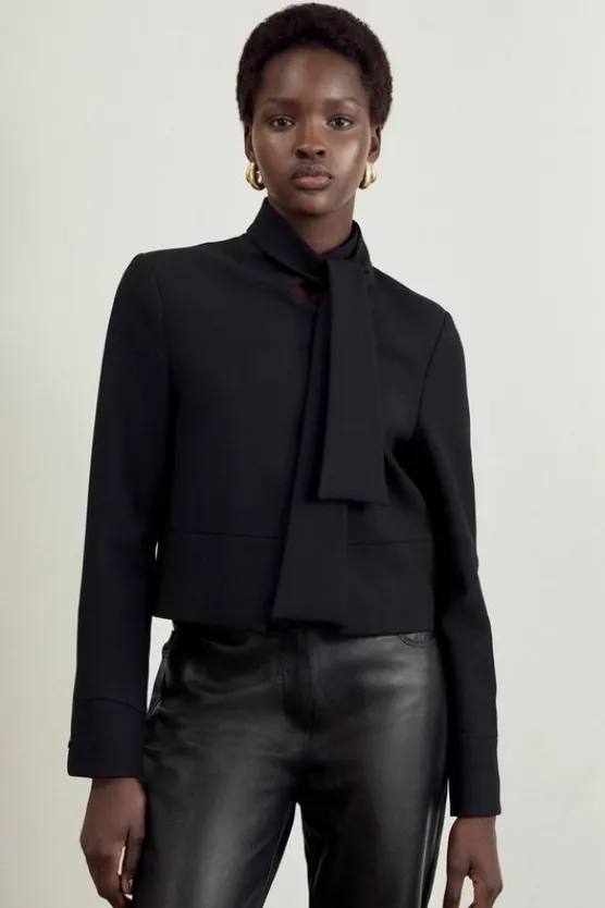 Karen Millen The Founder Compact Stretch Cropped Tie Neck Tailored Blazer black Best