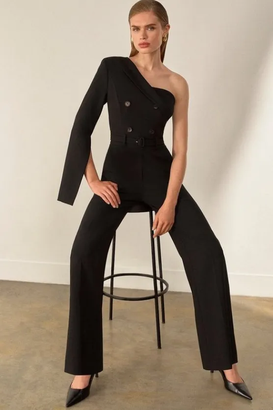 Karen Millen The Founder Compact Stretch One Shoulder Tailored Jumpsuit black Clearance