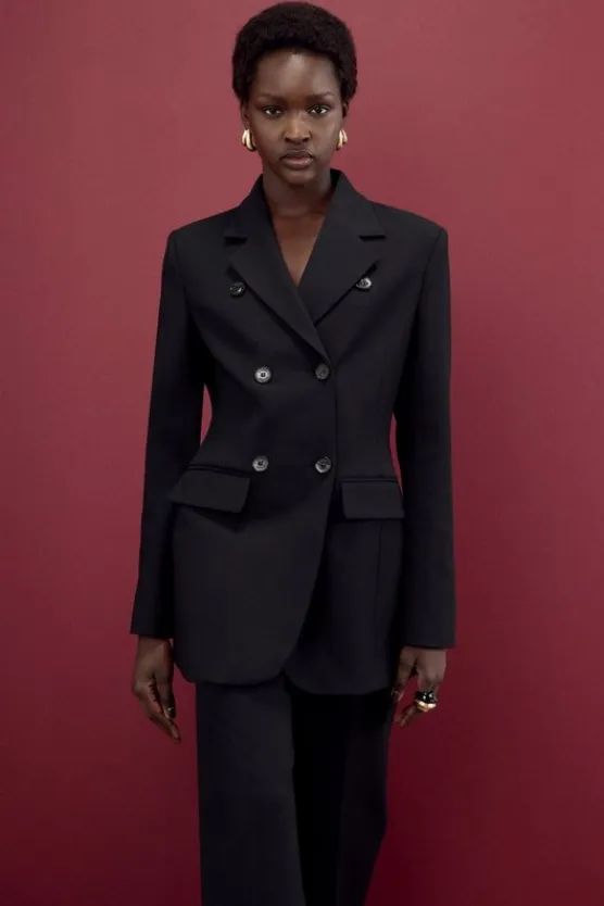 Karen Millen The Founder Compact Stretch Tailored Double Breasted Blazer black Fashion
