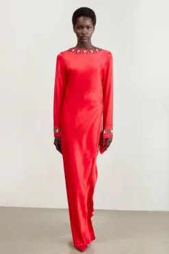 Karen Millen The Founder Crystal Embellished Raw Edge Satin Wrap Maxi Dress red Fashion