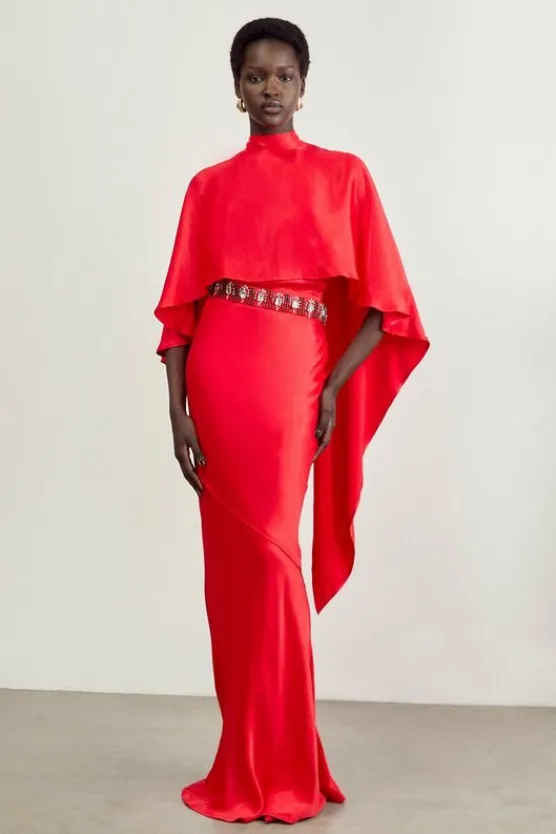Karen Millen The Founder Crystal Embellished Satin Cape Detail Maxi Dress red Outlet