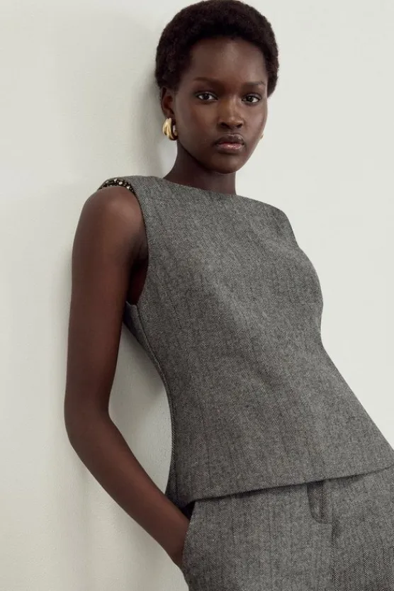 Karen Millen The Founder Herringbone Tailored Embellished Co-ord mono Sale