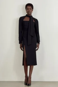 Karen Millen The Founder Petite Compact Stretch Tailored Tie Neck Pencil Midi Dress black Fashion