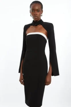 Karen Millen The Founder Petite Compact Stretch Viscose Tailored Contrast Detail Bandeau Midi Dress black Discount