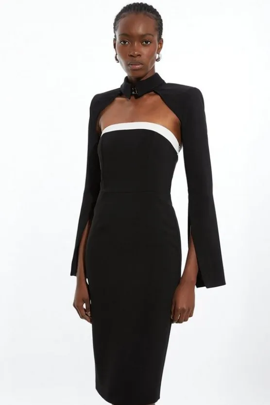 Karen Millen The Founder Petite Compact Stretch Viscose Tailored Contrast Detail Bandeau Midi Dress black Discount