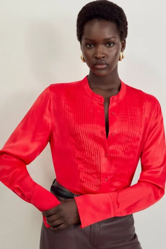Karen Millen The Founder Satin Pintuck Woven Blouse red Sale