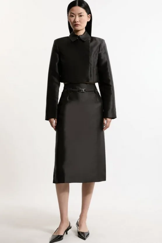 Karen Millen The Founder Satin Twill Belted Tailored Midi Skirt black Hot