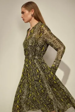 Karen Millen The Founder Print Viscose Georgette Woven Midi Dress snake Clearance