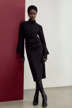 Karen Millen The Founder Soft Touch Jersey Ruched Detail Collard Midi Dress black Best