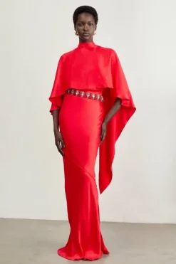 Karen Millen The Founder Tall Crystal Embellished Satin Cape Detail Maxi Dress red Sale