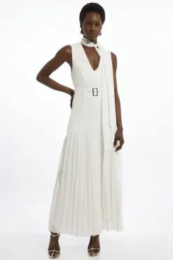 Karen Millen Tie Neck Ponte And Georgette Jersey Pleated Maxi Dress ivory Fashion