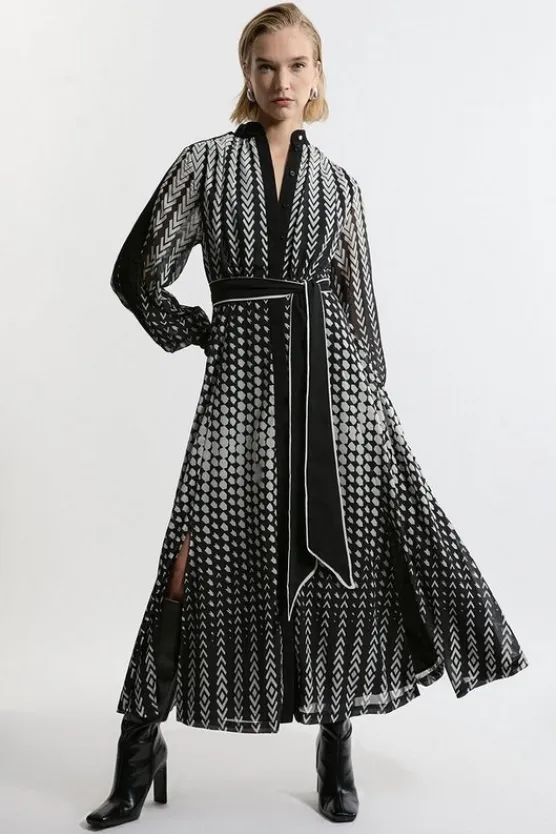 Karen Millen Tipped Border Print Georgette Maxi Dress mono Sale