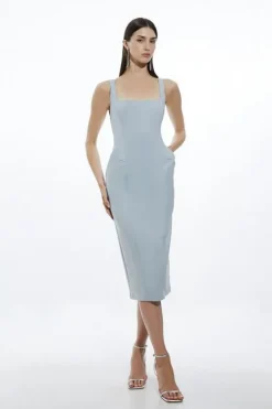 Karen Millen Topstitch Detail Techno Cotton Woven Strappy Midi Dress charcoal Sale