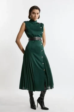 Karen Millen Top Stitch Satin Georgette Strong Shoulder Midi Dress forest New