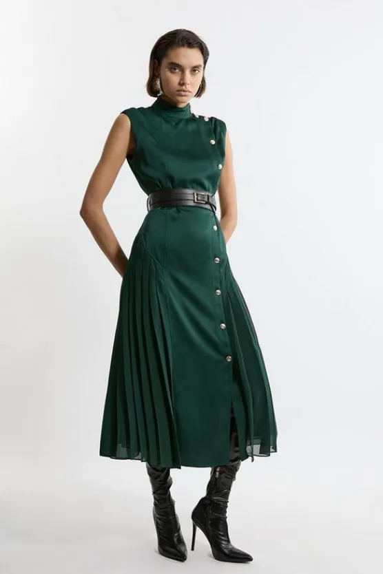Karen Millen Top Stitch Satin Georgette Strong Shoulder Midi Dress forest New
