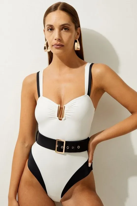 Karen Millen Trim Detail High Cut Swimsuit cream Hot