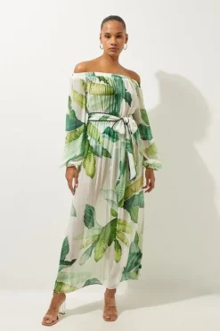 Karen Millen Tropical Palm Print Beach Off The Shoulder Maxi Dress green Best
