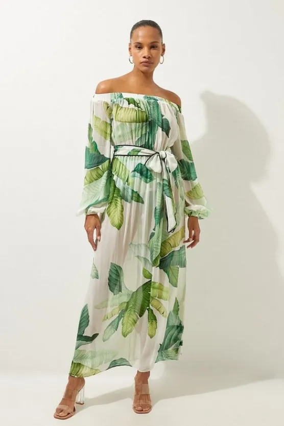 Karen Millen Tropical Palm Print Beach Off The Shoulder Maxi Dress green Best