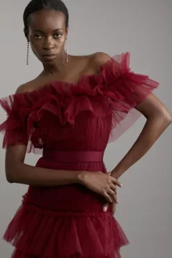 Karen Millen Tulle Layered Off The Shoulder Prom Dress cabernet Best