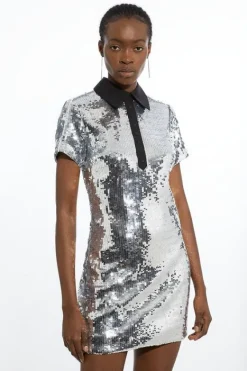 Karen Millen Tux Sequin Woven Mini Dress silver Clearance