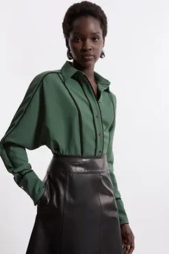 Karen Millen Twill Contrast Detail Woven Shirt khaki Clearance