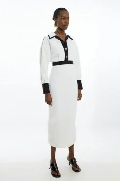 Karen Millen Twill Contrast Woven Midi Dress white Outlet