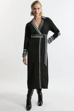 Karen Millen Twill Stripe Detail Collared Midaxi Dress black Fashion