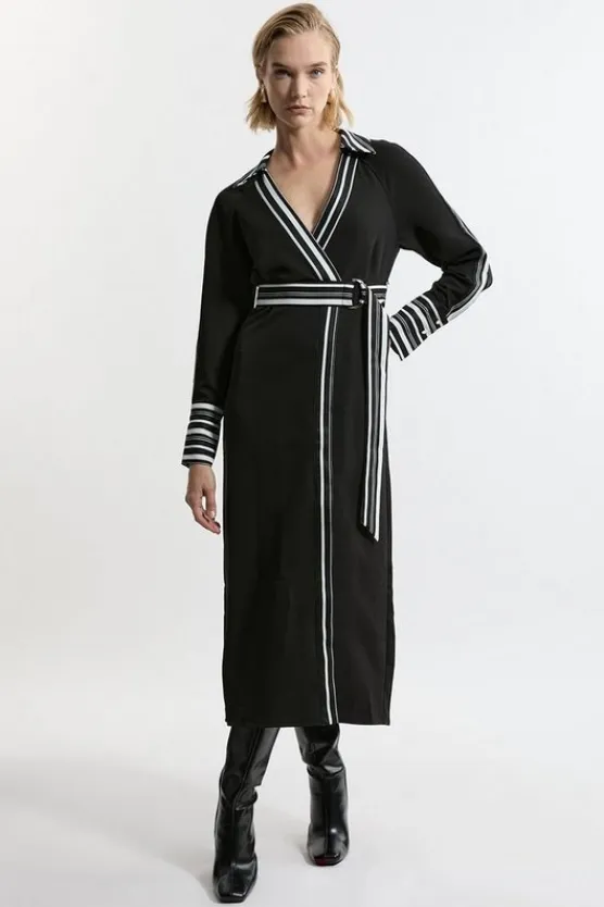 Karen Millen Twill Stripe Detail Collared Midaxi Dress black Fashion