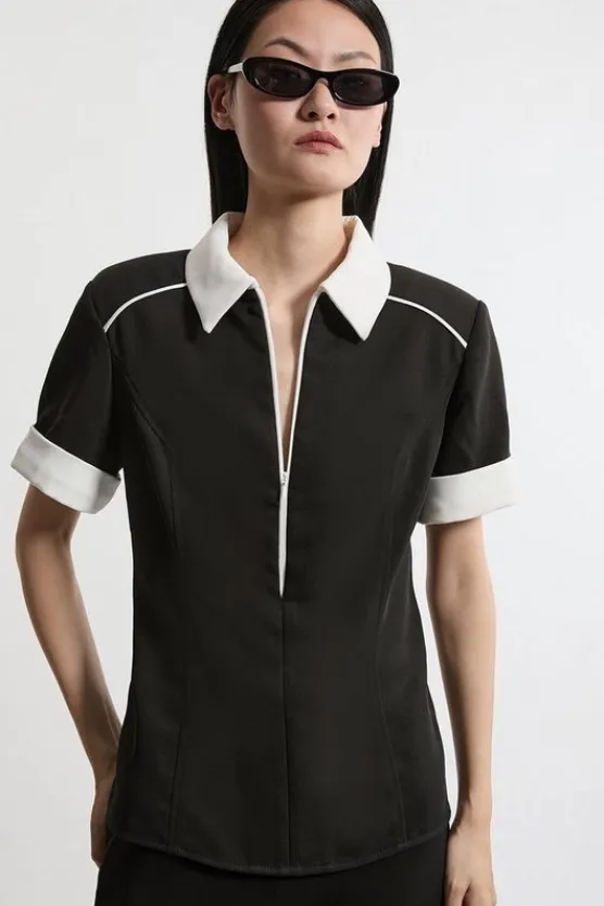 Karen Millen Twill Strong Shoulder Woven Top black Online