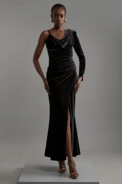 Karen Millen Velvet Asymmetric One Shoulder Tailored Maxi Dress black Best