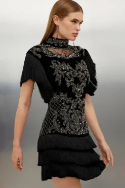 Karen Millen Velvet Baroque Fringe Woven Mini Dress black Clearance