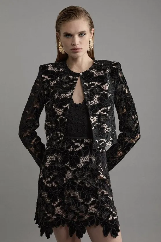 Karen Millen Velvet Cutwork Lace Detail Mini Skirt Co-Ord Set black New