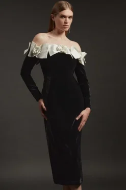 Karen Millen Velvet Off The Shoulder Bodycon Woven Midi Dress With Taffeta Rosette black Fashion